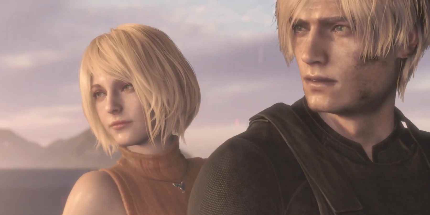 Ashley ve Leon, renkli bir gün doğumundan önce, Resident Evil 4 yeniden yapımının sonunda rahatlamış bir ifadeyle geriye bakıyorlar.