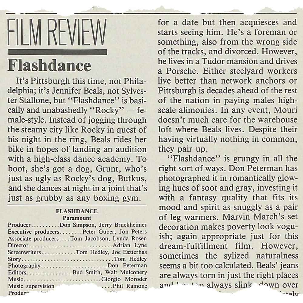'Flashdance'in orijinal 1983 THR incelemesinin yırtık sayfası