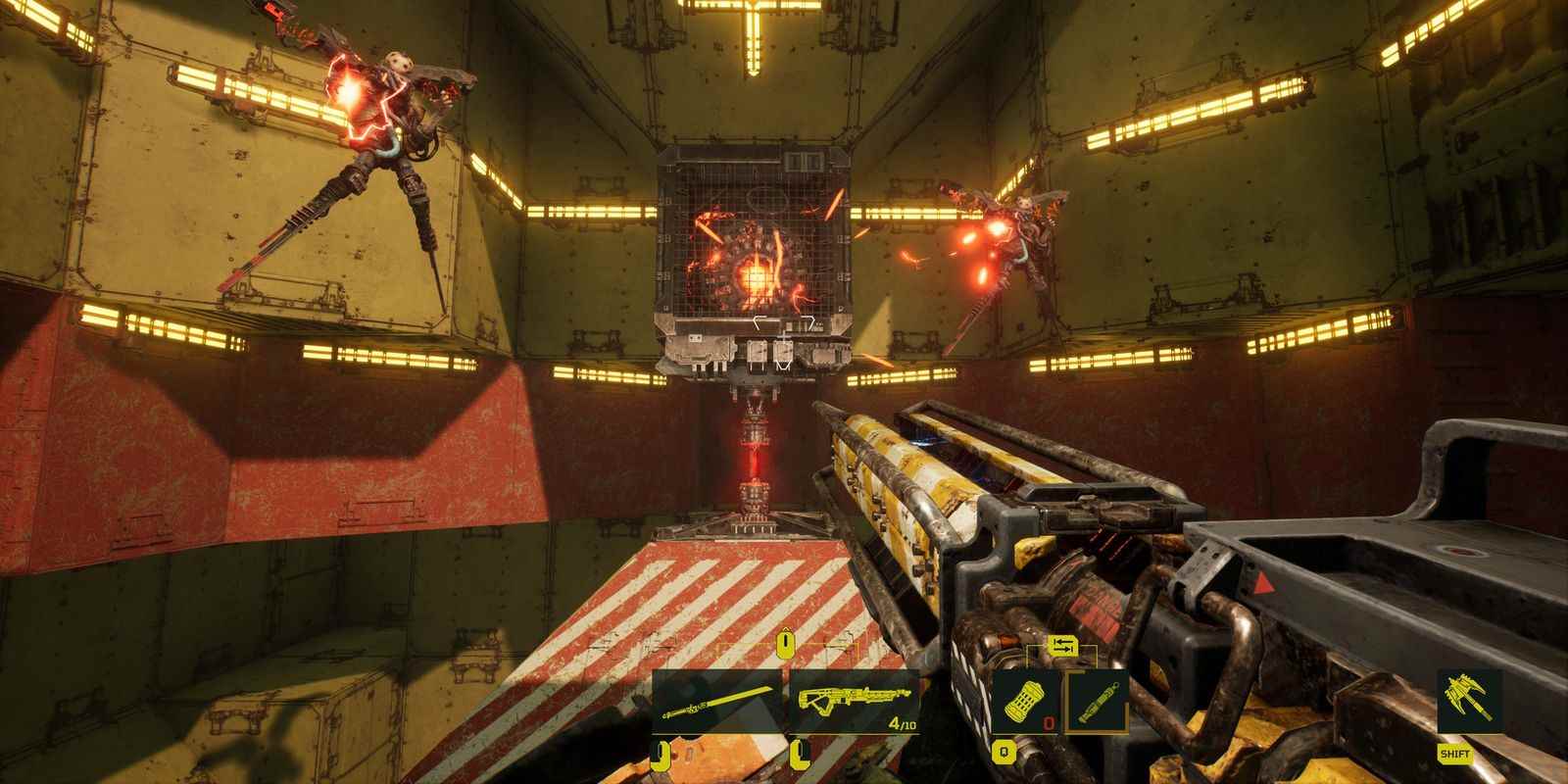 Oyuncunun parlak kırmızı enerjili canavarları hedef alan bir makineli tüfek tuttuğu birinci şahıs bakış açısıyla Meet Your Maker video oyunu.