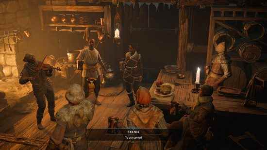 Diablo 4 yama notları - bir grup köylü bir evde küçük bir parti veriyor.  Altyazı metni okur 