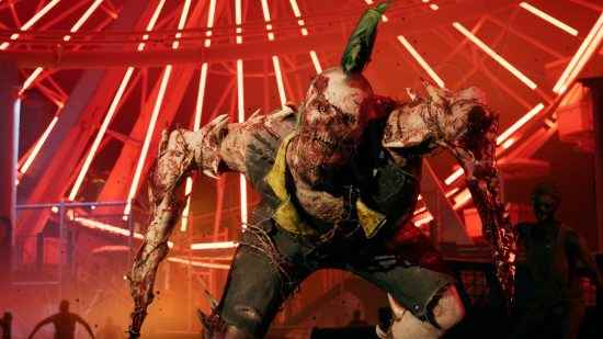 Dead Island 2 incelemesi - Yeşil mohawklı bir kasap zombi çeşidi, bir dönme dolabın kırmızı neon ışıklarının önünde duruyor.