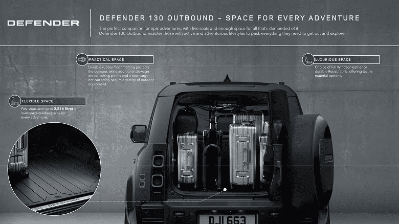 Turboşarjlı V8 5.0 L, 493 hp, dört tekerlekten çekiş, Meridian sound, bir sürü bagaj alanı.  Land Rover Defender 130'un yeni versiyonları tanıtıldı