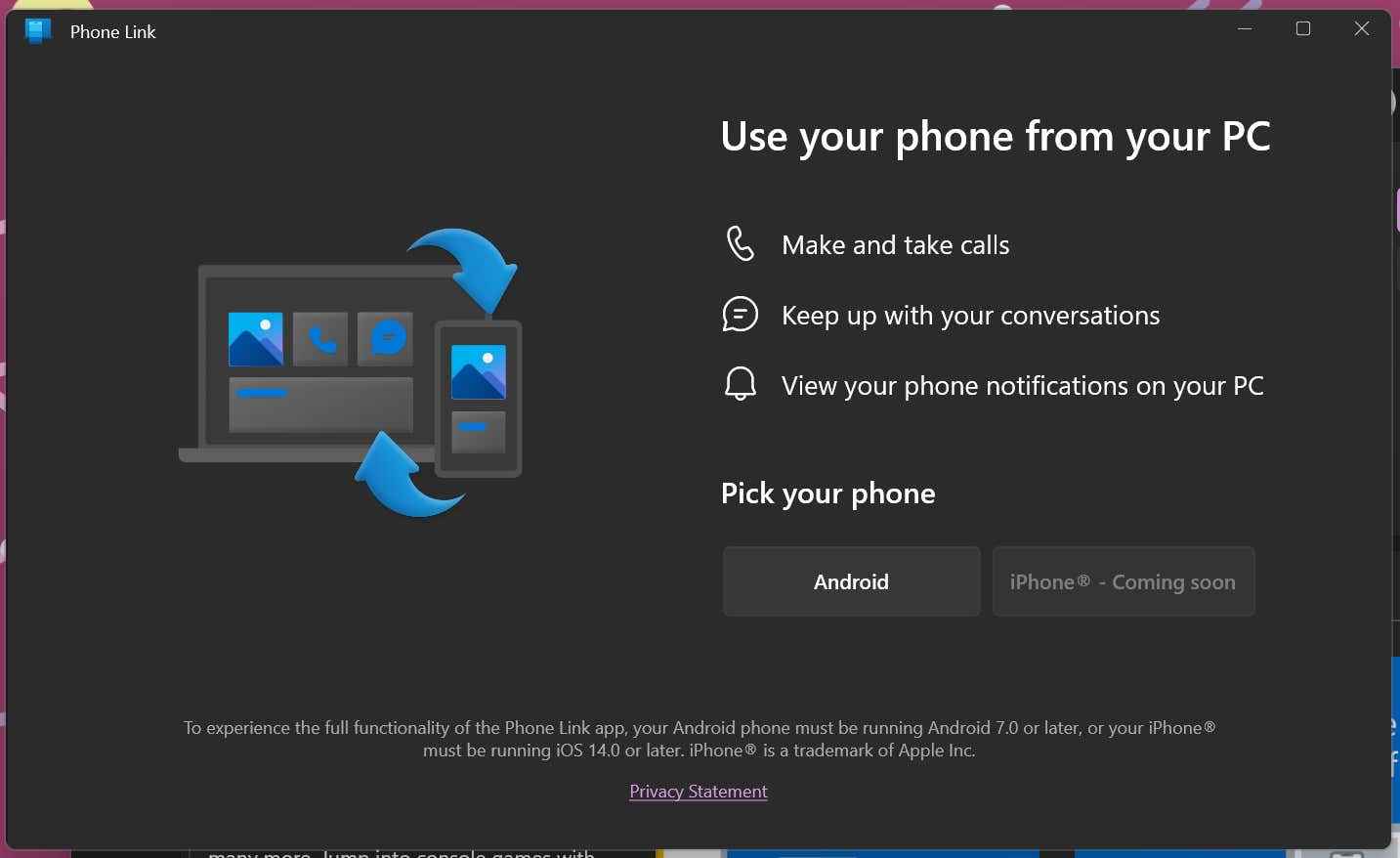 Phone Link uygulamasının ekran görüntüsü 
