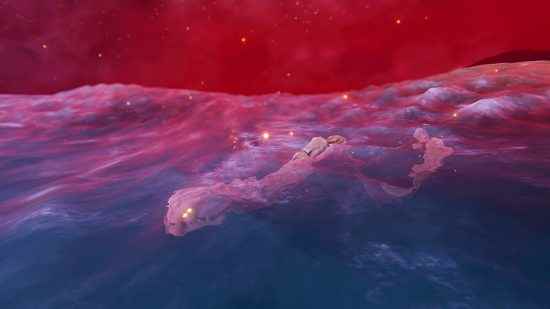 Valheim Ashlands güncellemesi - kırmızı bir gökyüzünün altında okyanusun geniş çekimi;  parlak sarı gözleri olan dev bir kemik yılanı suyun yüzeyinin hemen altında yüzüyor