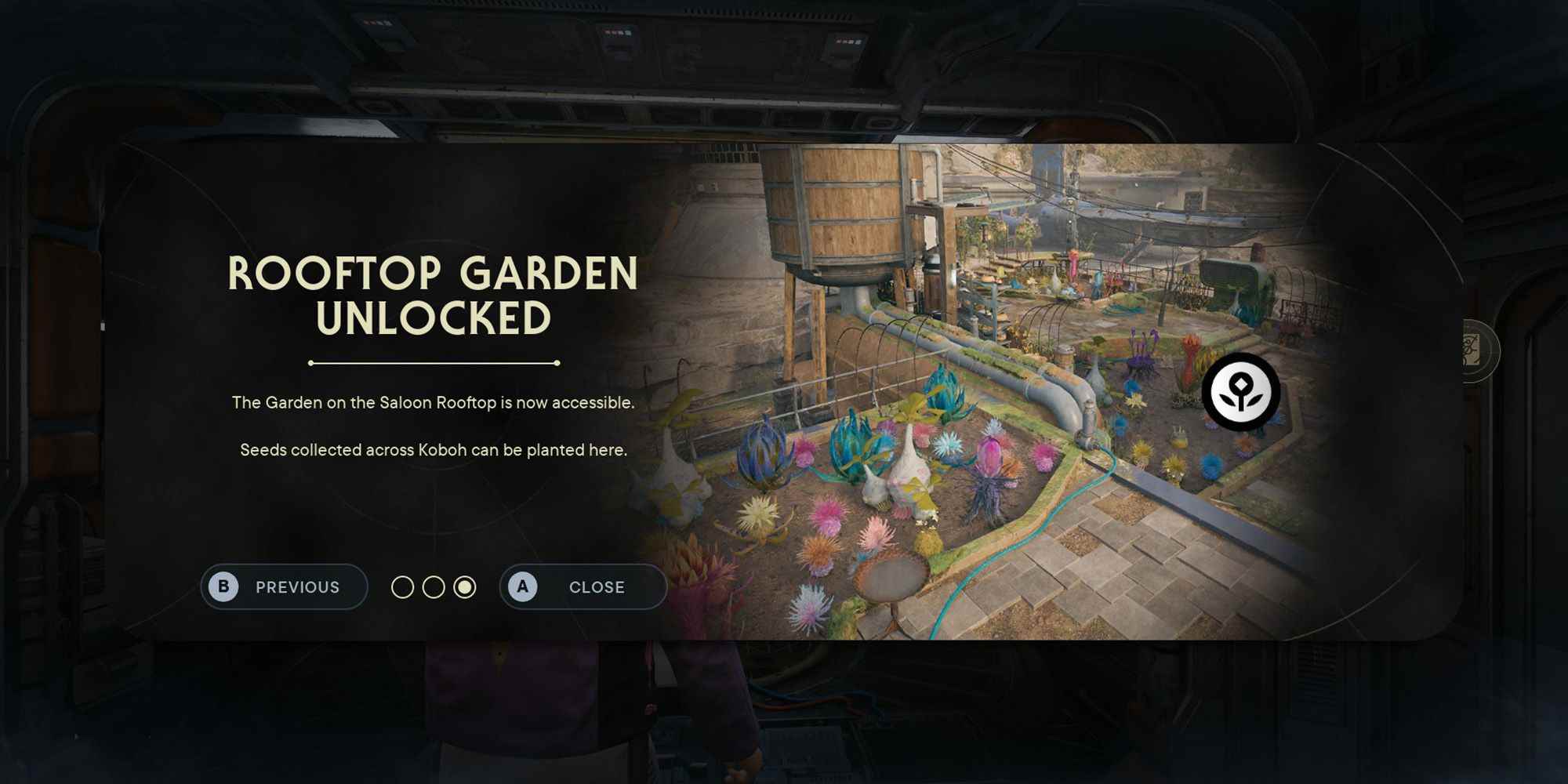 Star Wars Jedi Survivor'da oyuncuyu çatı bahçesinin kilidinin açıldığı konusunda uyaran bir ekranın ekran görüntüsü