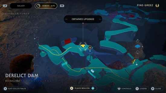 Star Wars Jedi Survivor'da terk edilmiş bir barajın mavi holografik haritası.
