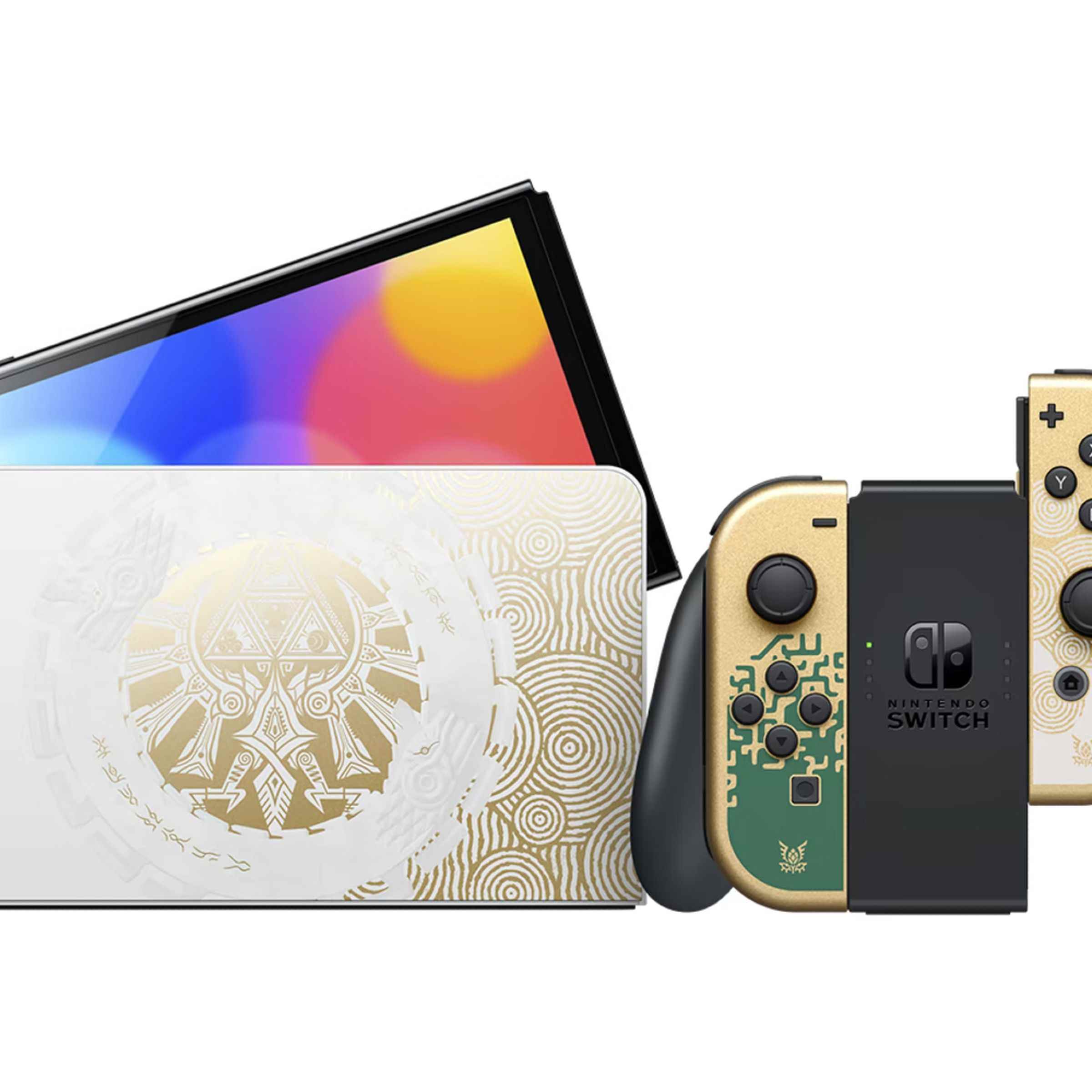 Yeni Nintendo Switch OLED Zelda: Tears of the Kingdom Edition, Joy-Con denetleyicileri ve bir yerleştirme istasyonuyla birlikte.