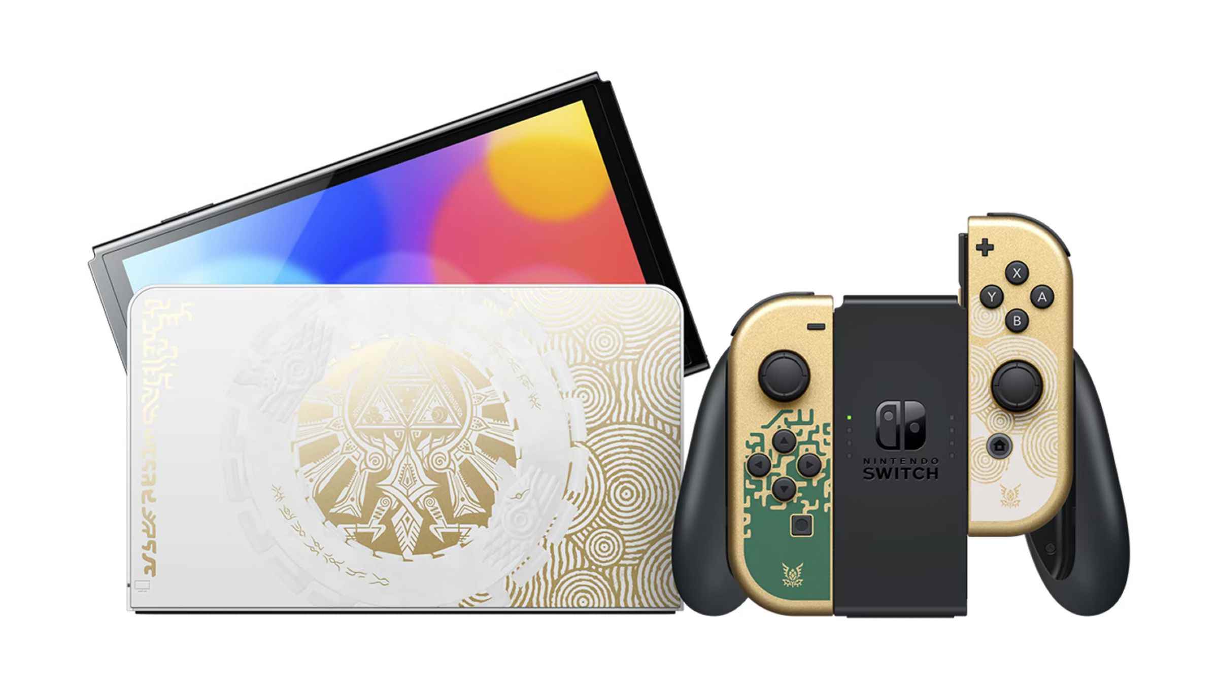 Yeni Nintendo Switch OLED Zelda: Tears of the Kingdom Edition, Joy-Con denetleyicileri ve bir yerleştirme istasyonuyla birlikte.