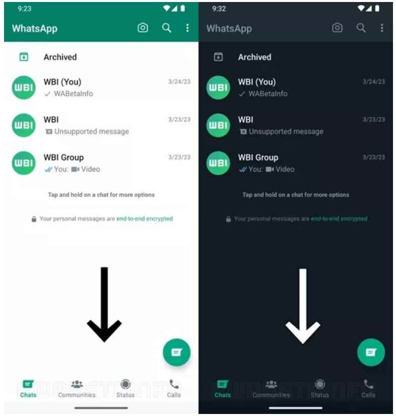 WhatsApp Beta uygulamasının Android sürümünde gezinme sekmeleri en alta taşınacaktır.  Resim kaynağı WABetaInfo - Android'in WhatsApp Beta uygulamasına yapılan güncelleme, kullanımı kolaylaştırıyor