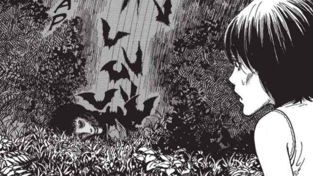 Junji Ito'nun Bloodsucking Darkness'ından Nami'yi bir vampir yarasa sürüsüne bakarken gösteren panel.
