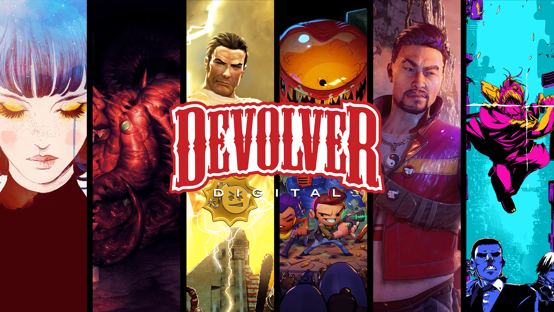 Devolver Digital logosu - GRIS, Carrion, Serious Sam, Enter the Gungeon, Shadow Warrior ve Messenger için sütunlar arasında bölünmüş sanat