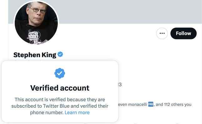 Twitter'da Stephen King'in mavi onay işaretine tıkladığınızda açılan mesajın ekran görüntüsü.