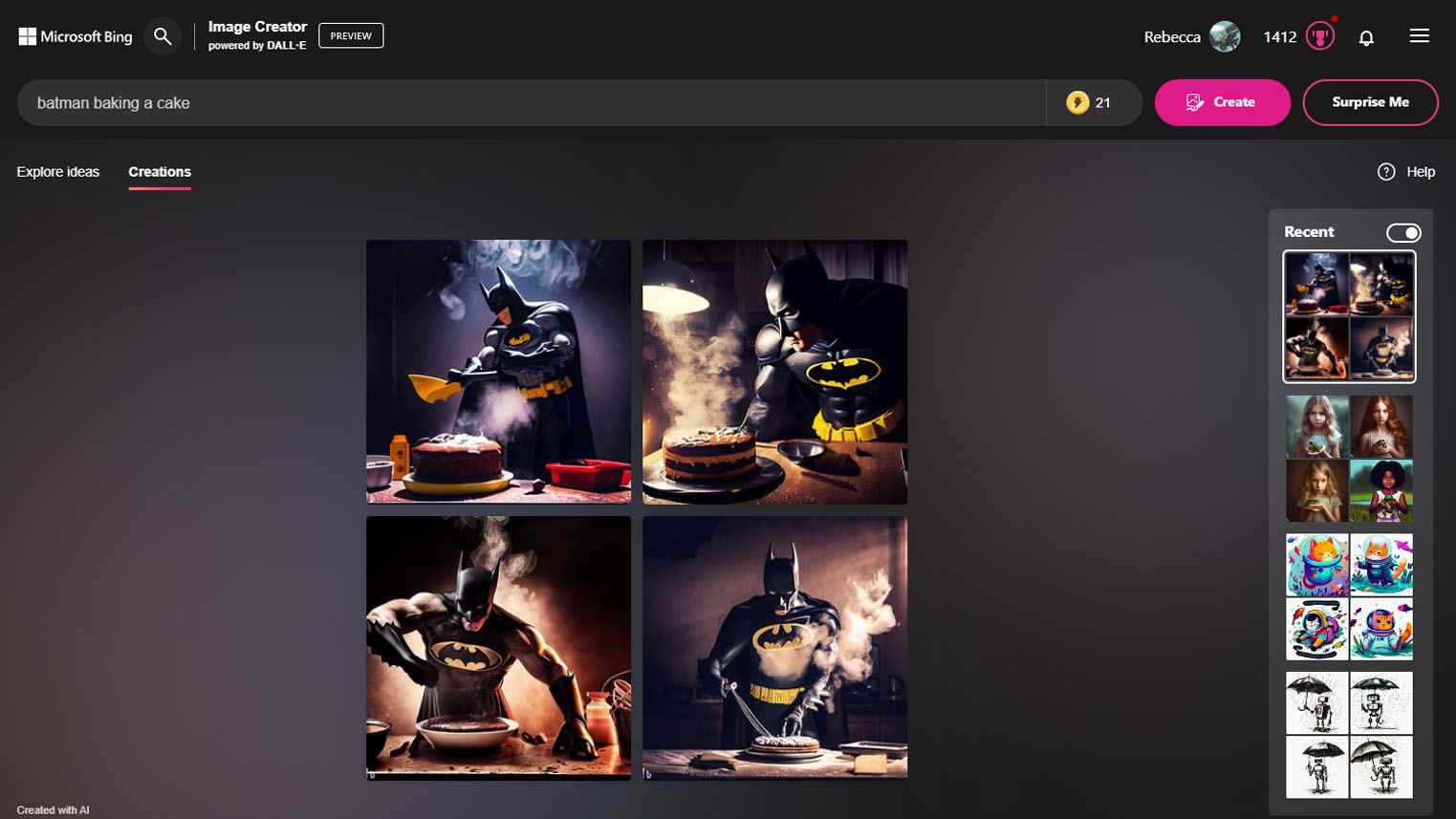 Bing Image Creator ile Batman pasta pişiriyor sanat istemi