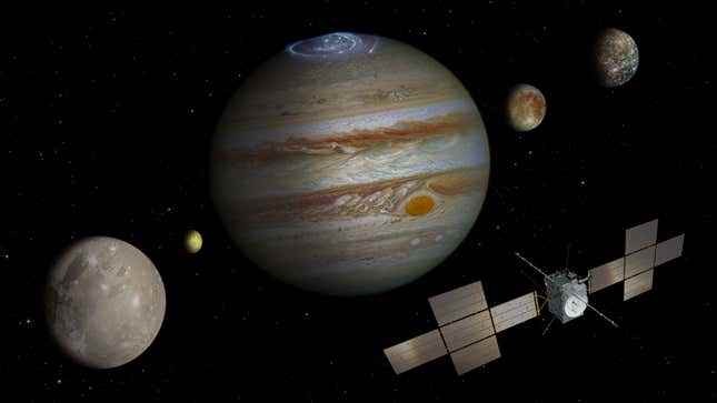 JUICE uzay aracının Jüpiter ve uydularının etrafındaki bir çizimi. 
