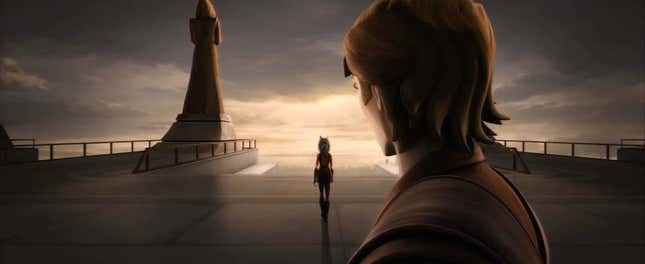 Anakin Skywalker, çıkış yapan bir Ahsoka Tano the Star Wars: Clone Wars bölümüne bakıyor "Yanlış Jedi."