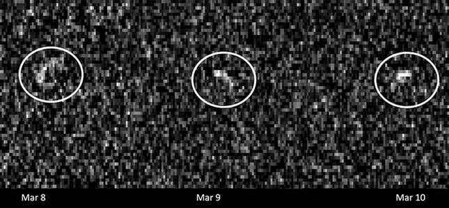 Asteroit Apophis'in 8, 9 ve 10 Mart 2021 tarihlerinde, 2029'daki geçişinden önceki Dünya'ya son yakın yaklaşımı sırasındaki radar gözlemleri.