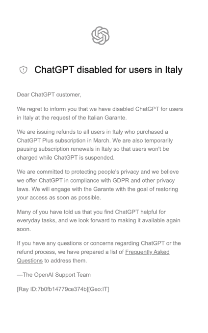 ChatGPT'yi engelleme hakkında kullanıcılara İtalyanca OpenAI bildirimi