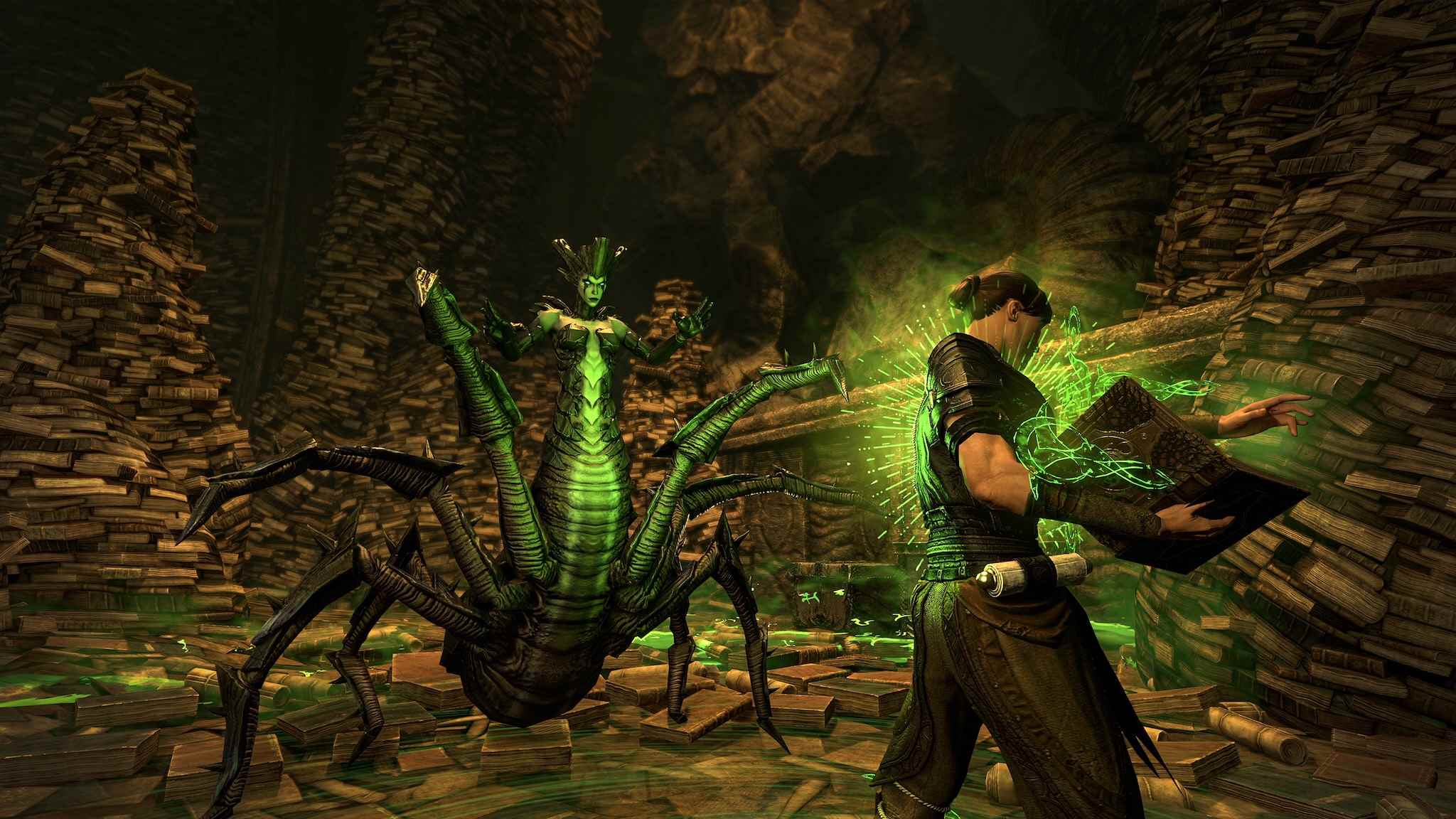 Elder Scrolls Online'dan ekran görüntüsü: Apocrypha'da Arcanist dövüşü gösteren Necrom
