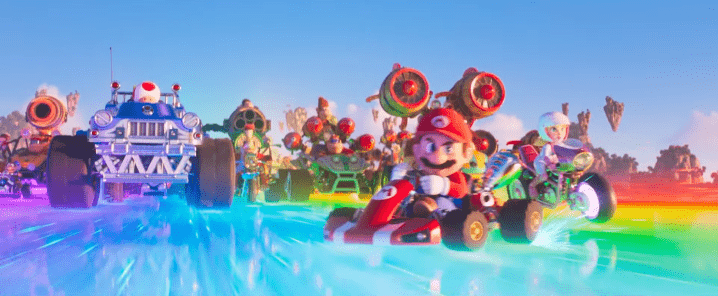 The Super Mario Bros.'da Mario ve arkadaşları Rainbow Road'da yarışıyor.  Film.