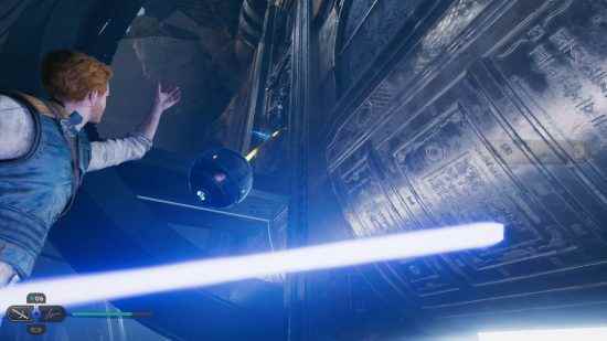 Star Wars Jedi Survivor Devastated Settlement bulmaca çözümü: Bulmacadaki platformdan küre bağlayıcı.