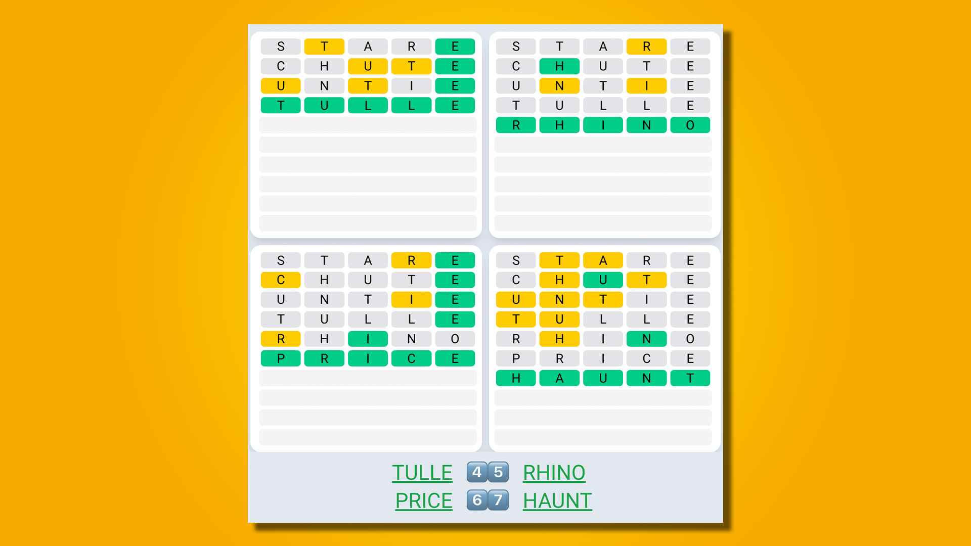 Sarı bir arka plan üzerinde 464 numaralı oyun için Quordle Daily Sequence cevapları
