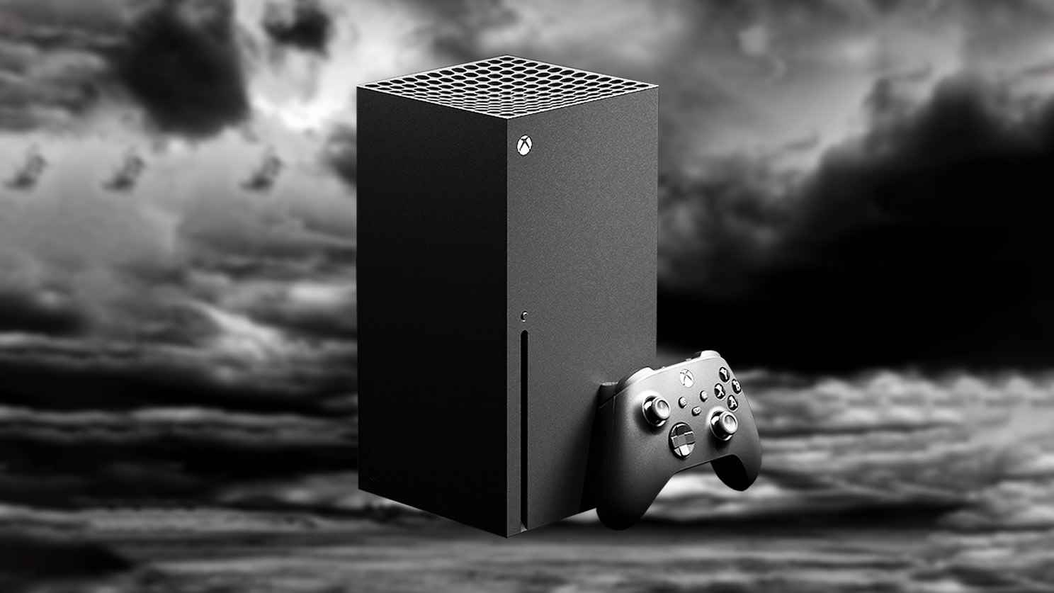 Bulutlu siyah beyaz arka planda Xbox Series X