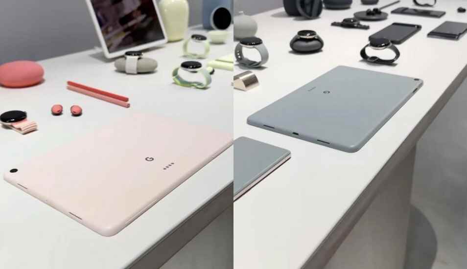 Pixel Tablet'in soldaki mercan dahil iki renkli fotoğrafları - Google'ın Google I/O'da iki yeni telefon, bir tablet ve daha fazlasını duyuracağı bildiriliyor