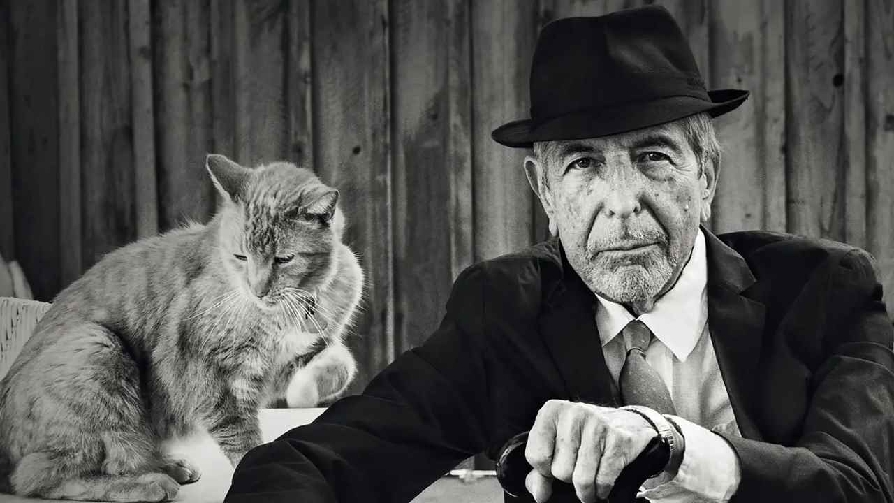 Takım elbiseli ve şapkalı Leonard Cohen, kedinin yanında