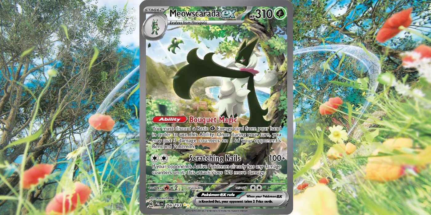 Pokémon TCG'nin Paldea Evolved genişlemesinden Meowscarda eski kartı.