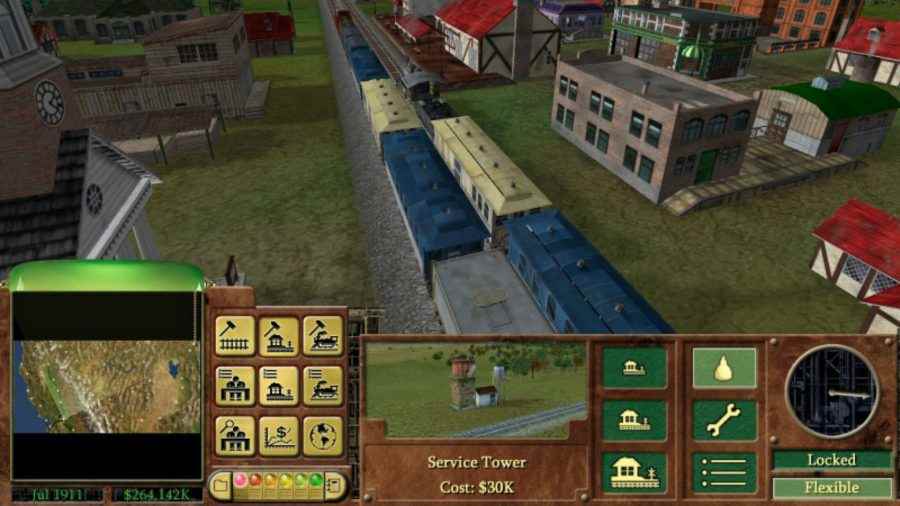 En iyi tren oyunlarından biri olan Railroad Tycoon 3'te bir kasabada yük vagonları