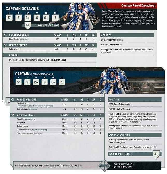 Terminatör zırhlı bir Uzay Deniz Kaptanı için bir Savaş Devriyesi veri sayfası ile diğer oyun modlarında kullanım için standart veri sayfası arasındaki farkı gösteren bir örnek.
