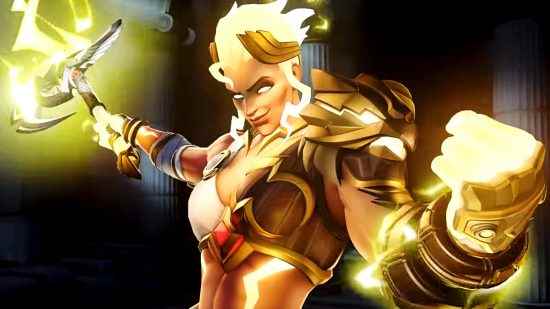 Overwatch 2 yama notları - Junker Queen, Zeus derisi içinde, parlayan altın rengi saçları ve baltasından çıtırdayan şimşekle