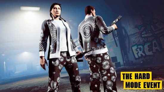 GTA Online haftalık güncellemesi - Drug Wars Last Dose zor mod etkinliğinden kazanılan siyah beyaz VDG kıyafetlerini giyen iki karakter.