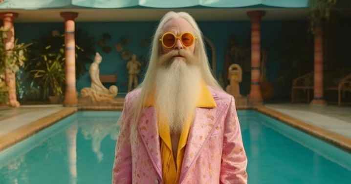 Wes Anderson'ın Harry Potter'ında bir havuzun yanında Profesör Dumbledore.