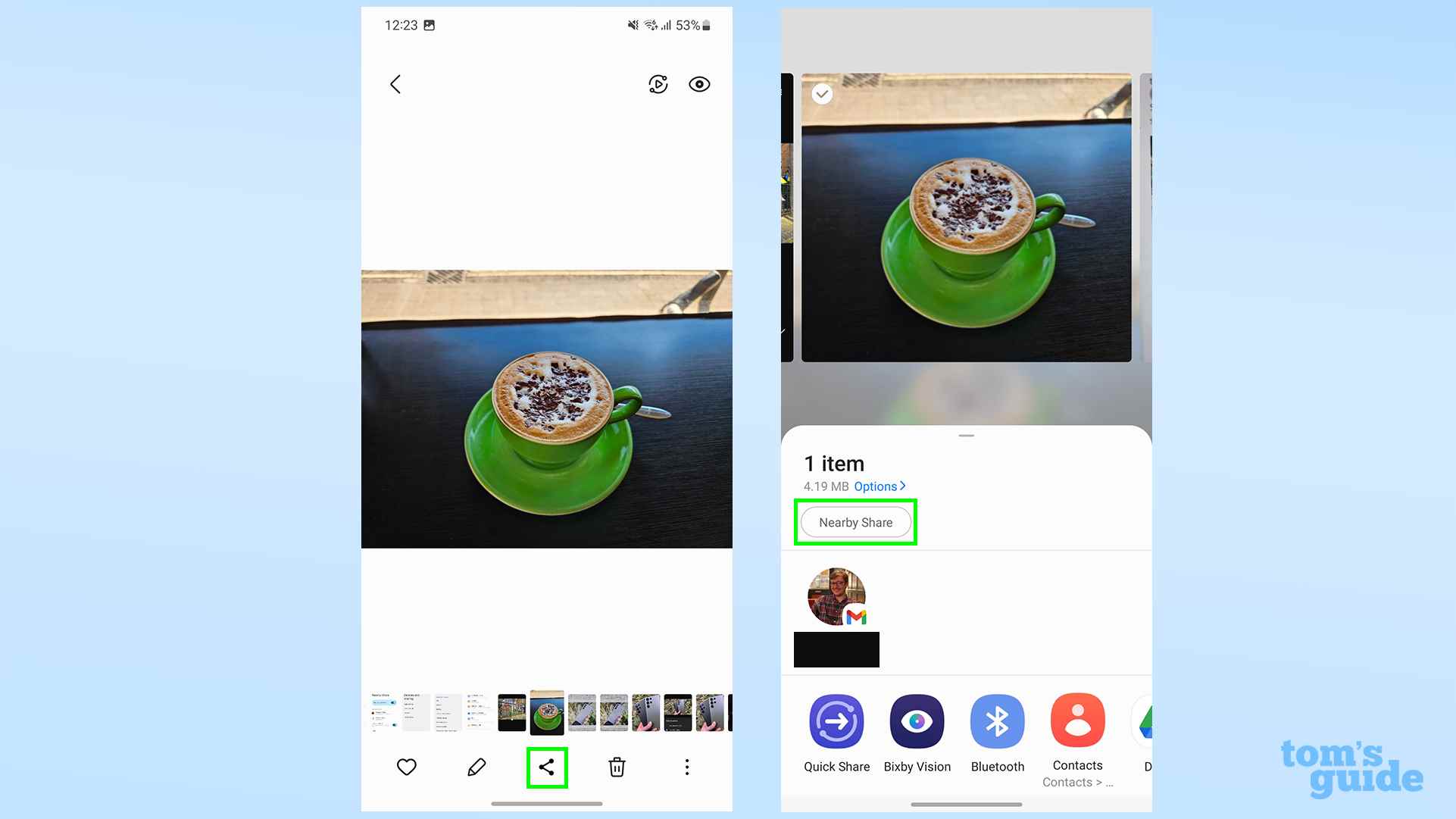 Samsung Galaxy Galeri uygulamasında ve yine paylaşım sayfası açık ve Yakındaki Paylaşım vurgulanmış olarak bir görüntüyü gösteren iki ekran görüntüsü