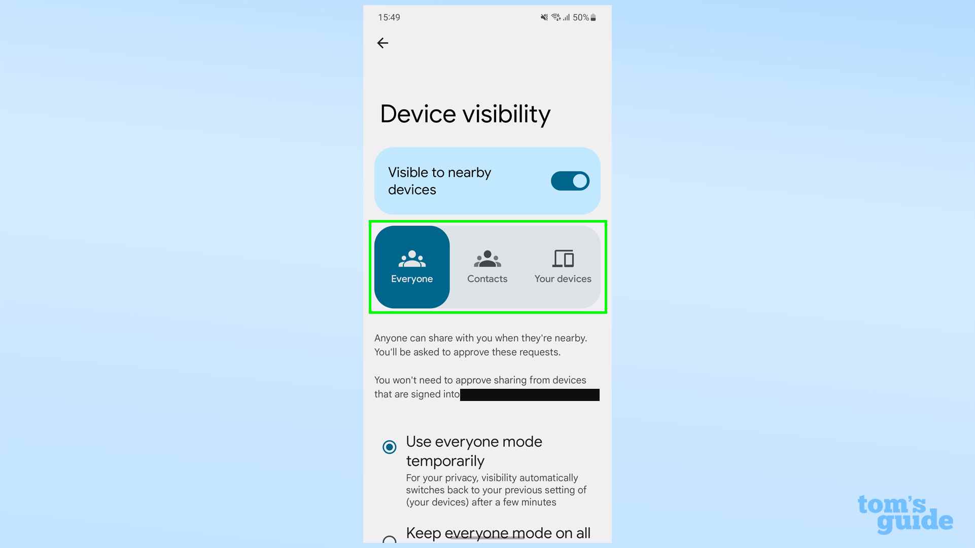 Nearby Share'in Android'deki görünürlük ayarlarını gösteren bir ekran görüntüsü