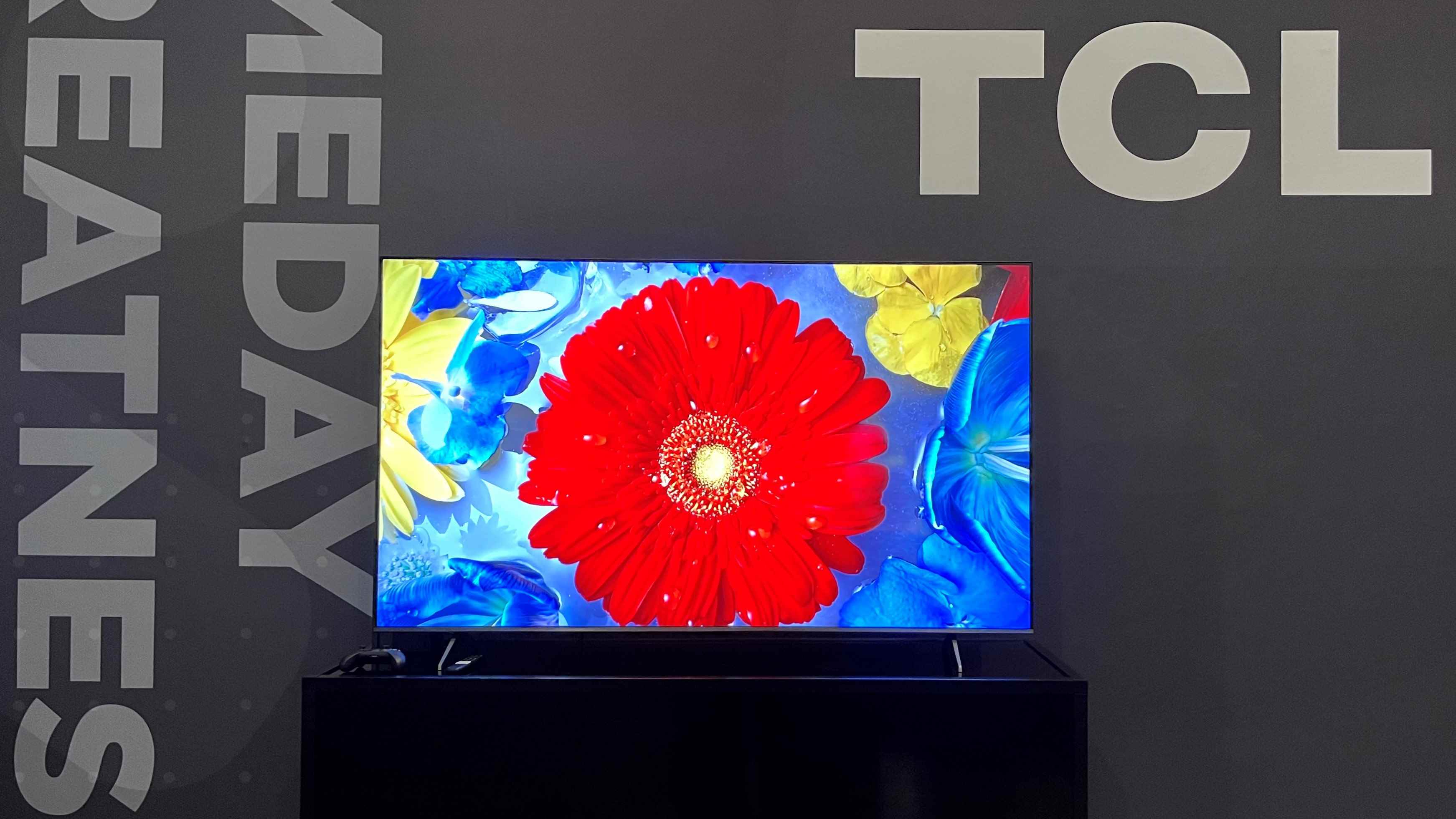 Ekranda kırmızı çiçek gösteren TCL Q6 serisi TV