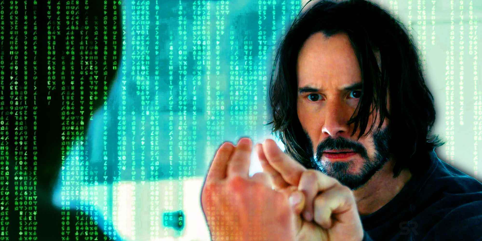 Neo (Keanu Reeves) The Matrix Resurrections'da aynada Matrix koduna bakıyor