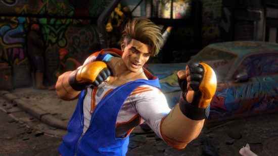 Street Fighter 6 Luke, sarı antrenman eldivenleriyle kaplı yumruklarını kaldırıyor.