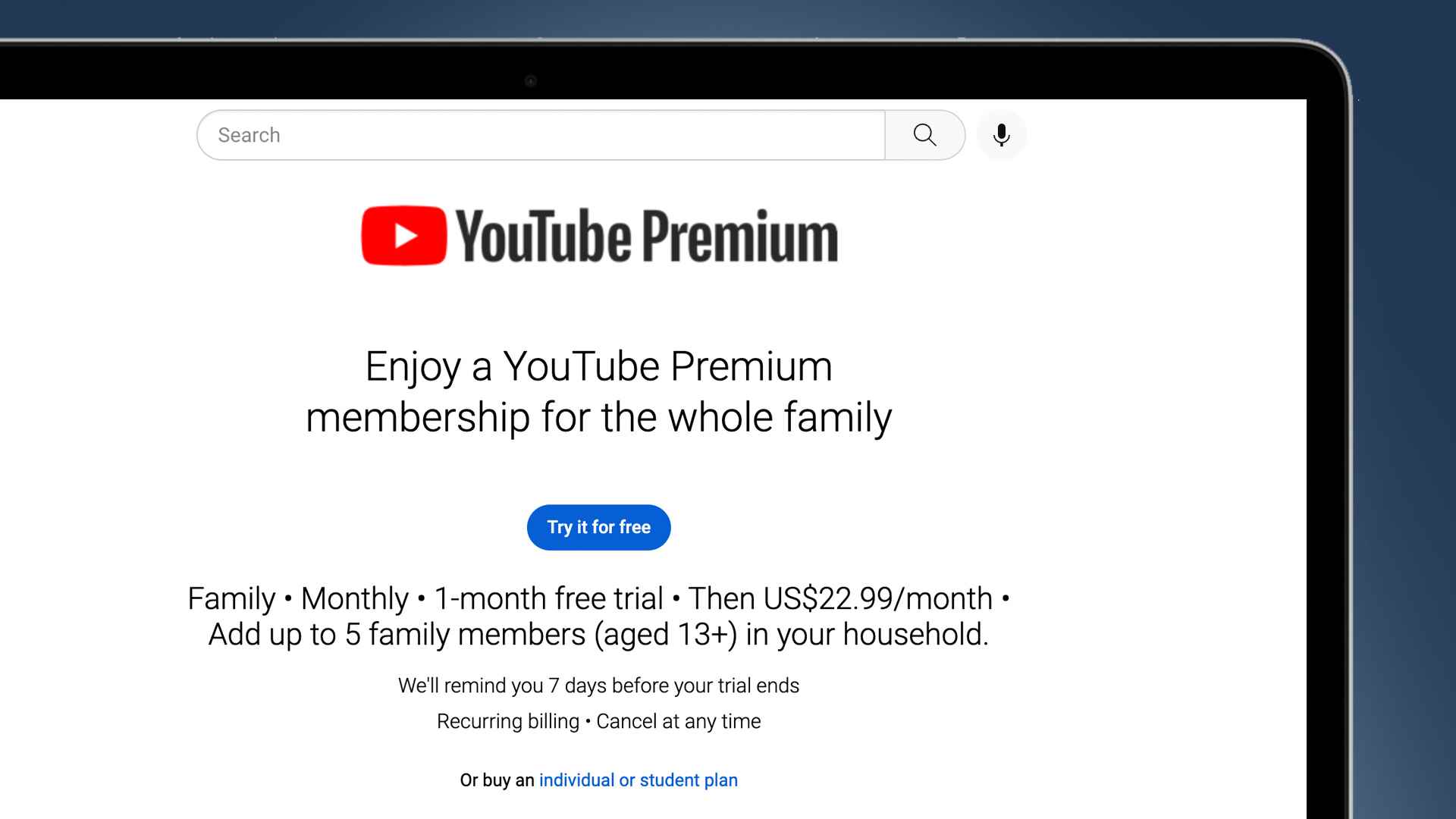 YouTube Premium aile planı sayfasını gösteren bir dizüstü bilgisayar ekranı