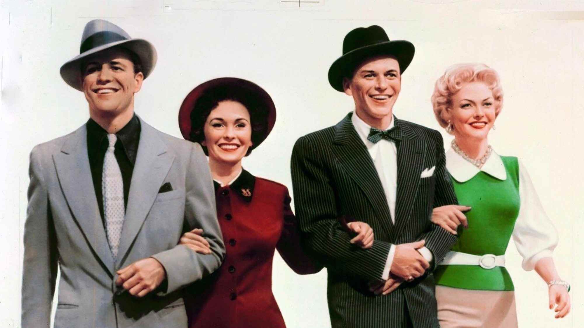 (soldan sağa) Guys and Dolls'da Marlon Brando, Jean Simmons, Frank Sinatra, Vivian Blaine