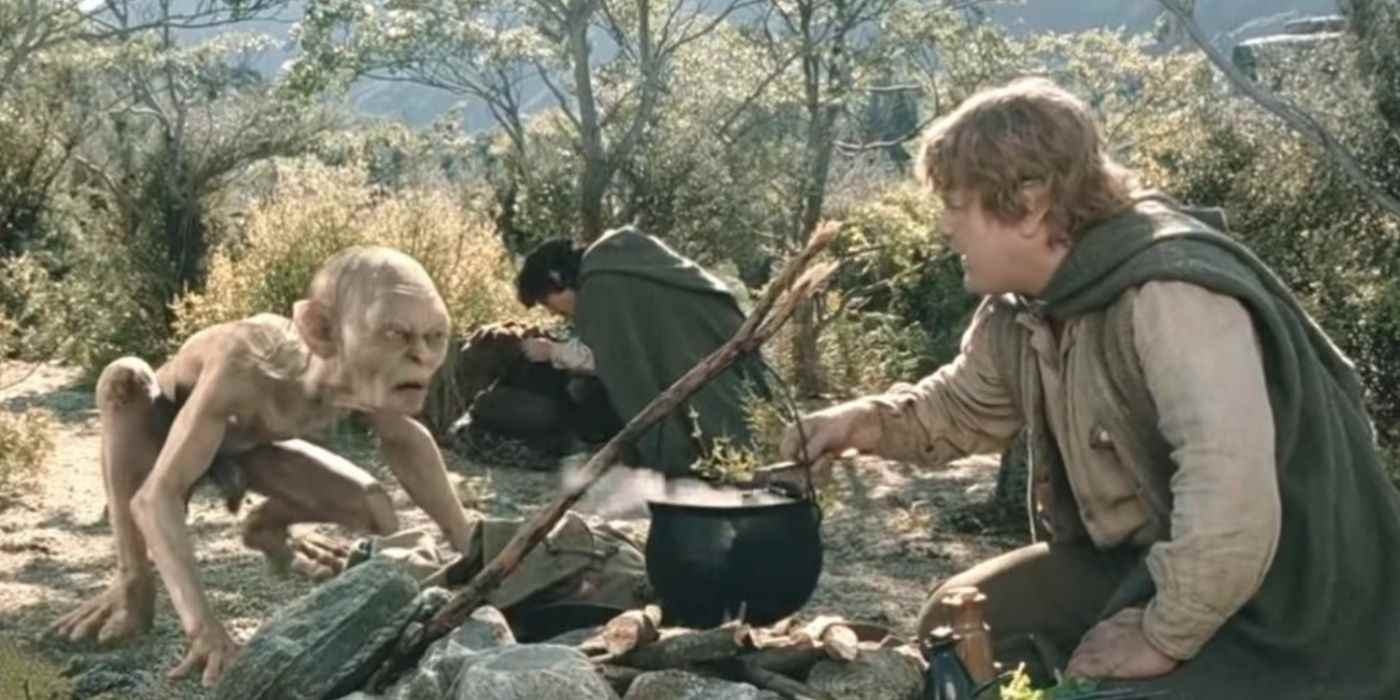 Yüzüklerin Efendisi'nde Sam, Frodo ve Gollum kamp ateşinin etrafında yemek pişiriyor