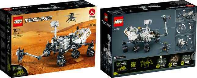 Lego Mars Rover Perseverance modelinin ambalajının önü ve arkası.