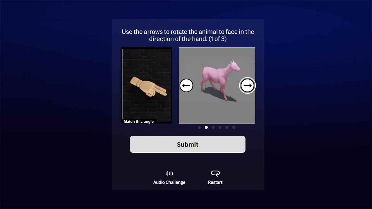 Bir hayvanı bir elin işaret ettiği yönde döndürmenizi isteyen Max tabanlı bir bulmacanın ekran görüntüsü