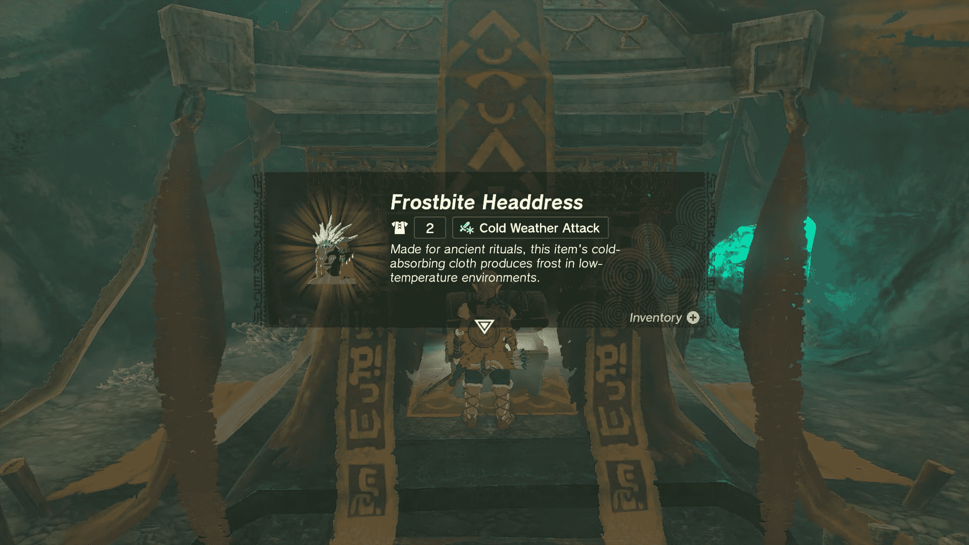 Frostbite Headdress'i elde eden Zelda: Tears of the Kingdom's Link'in ekran görüntüsü.