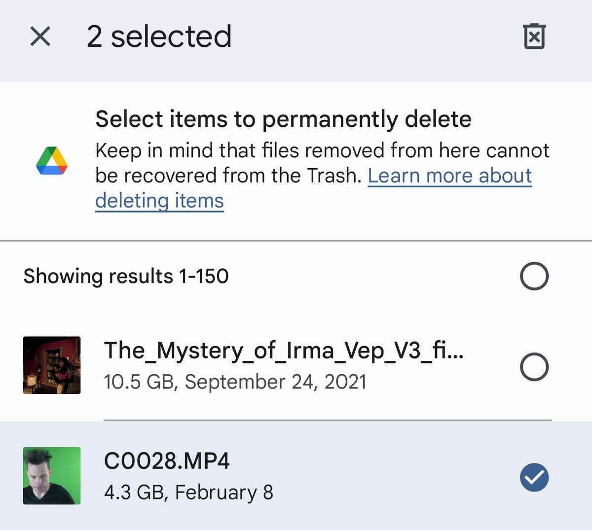 Google Drive'da silinecek dosyaları seçme.