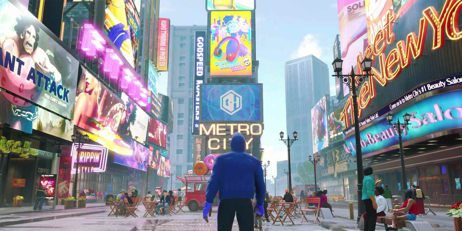 Street Fighter 6'nın ekran görüntüsü, büyük binalar, parlayan ışıklar ve reklam panoları ve sokaklardaki birçok NPC ile çevrili büyük bir şehir meydanında duran özel karakteri gösterir.