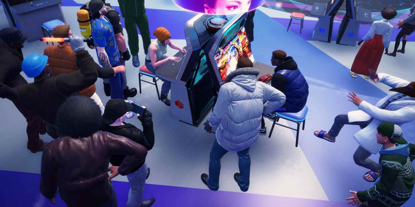 Street Fighter 6'nın Battle Hub'ında bir grup oyuncu avatarı iki atari makinesinin etrafında toplandı.