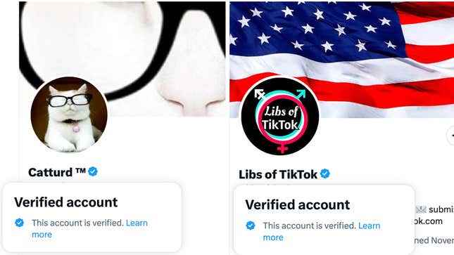 Twitter'ın yeni etiketini içeren Catturd ve Libs of TikTok hesabının ekran görüntüleri.