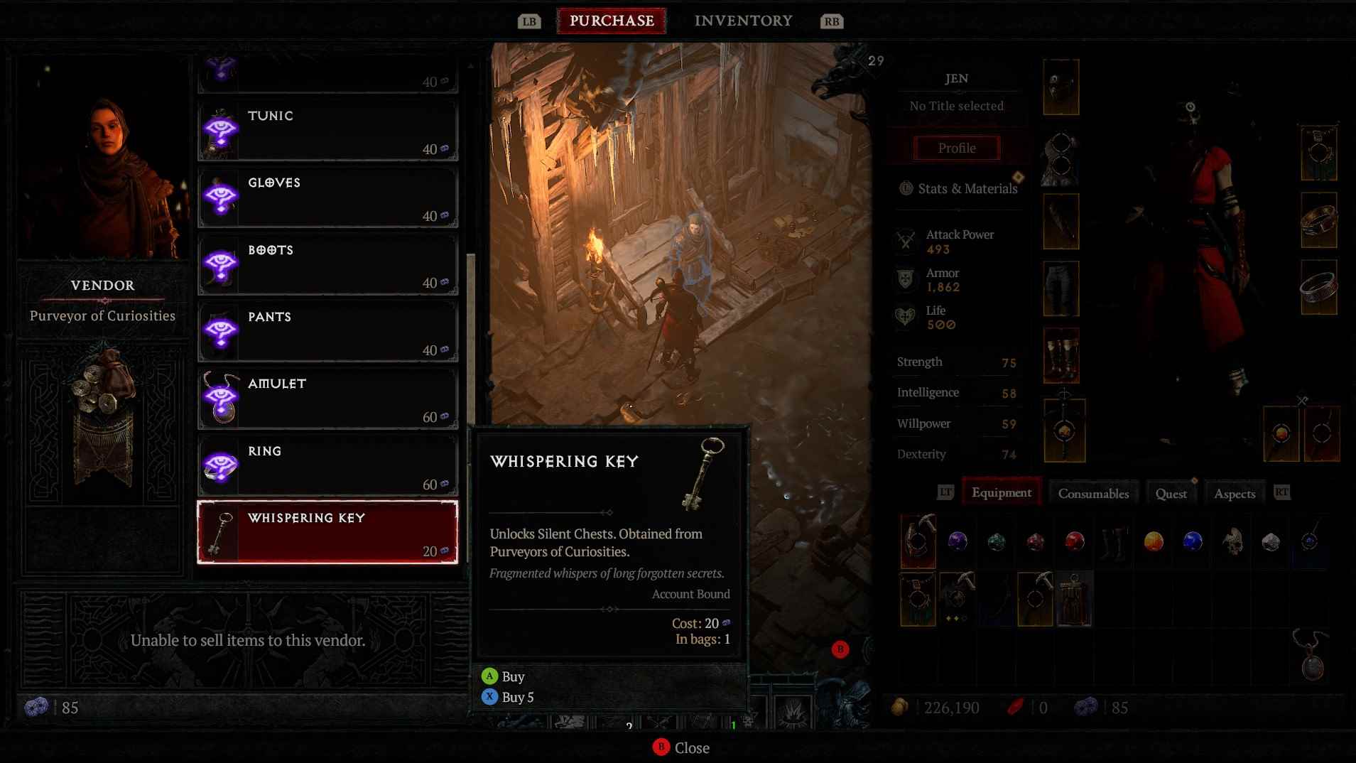 Diablo 4'teki Merak Satıcısı Satıcı Menüsü